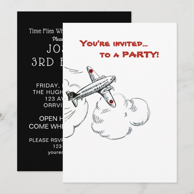 Aeroplane Boy Birthday Party Simple Black White Re Invitation (Front/Back)