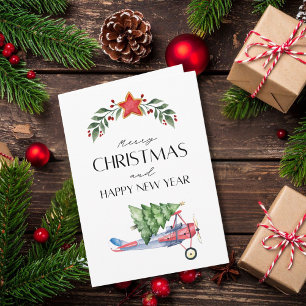Aeroplane carries Christmas Tree Family Photo Funn Card