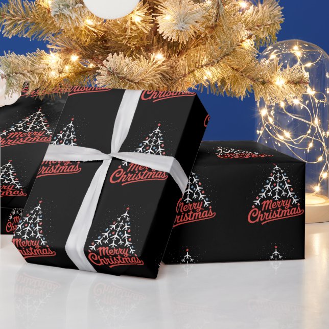 Aeroplane Christmas Tree Pilot Wrapping Paper (Holidays)