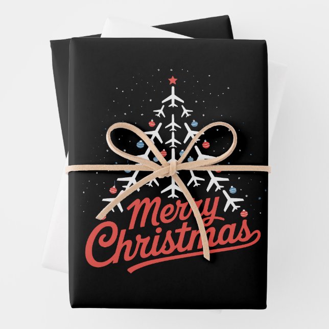 Aeroplane Christmas Tree Pilot Wrapping Paper Sheet (In situ)