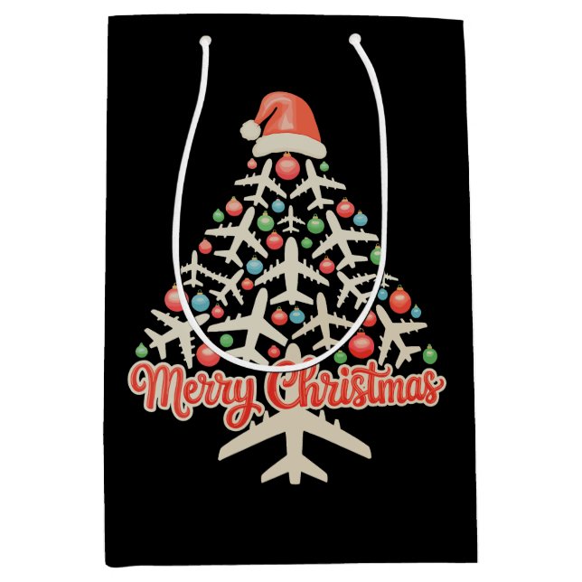 Aeroplane Christmas Tree Pilot Xmas Holiday Family Medium Gift Bag (Front)
