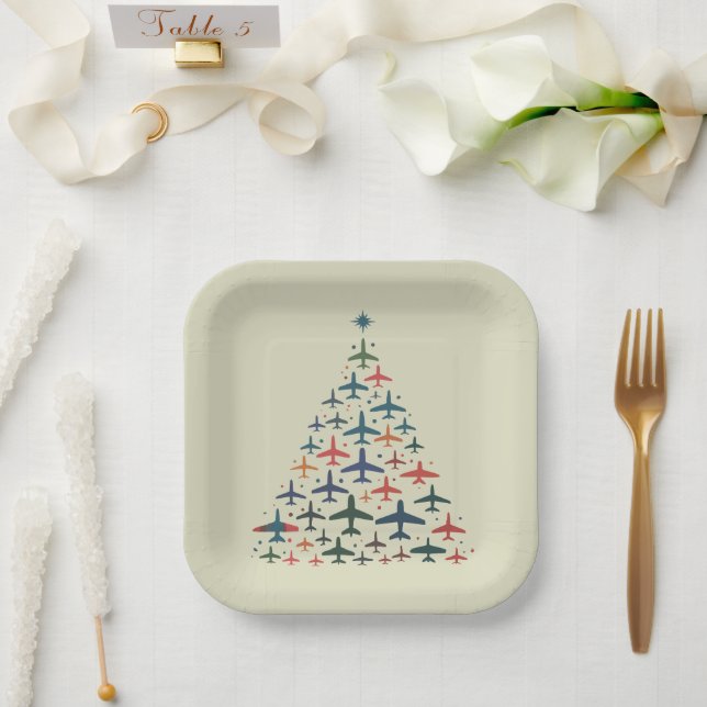 Aeroplane Christmas Tree Retro Pilot Flying Flight Paper Plate (Wedding)