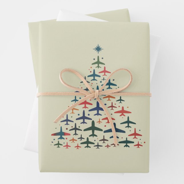Aeroplane Christmas Tree Retro Pilot Flying Flight Wrapping Paper Sheet (In situ)