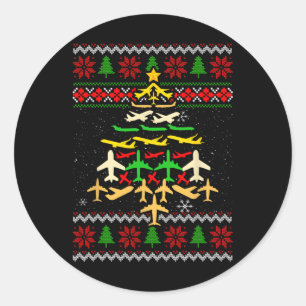 Aeroplane Christmas Tree Ugly Xmas Sweater Decorat Classic Round Sticker