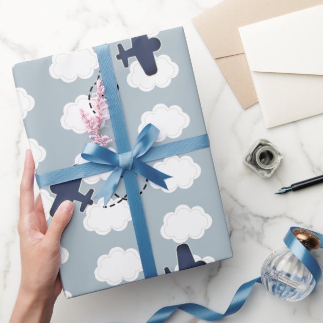 Aeroplane Clouds Pattern Blue Sky Wrapping Paper (Gifting)