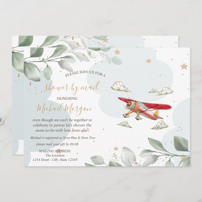 Aeroplane,Clouds,Stars,Baby Shower By Mail Invitation (Front/Back)