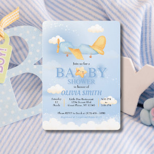 Aeroplane,Clouds & Stars, Blue, Baby Boy,Cute Invitation
