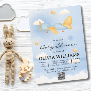 Aeroplane,Clouds & Stars, Blue, Baby Boy,Cute Invitation