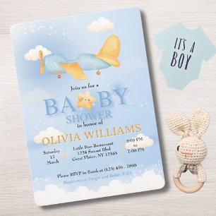 Aeroplane,Clouds & Stars, Blue, Baby Boy,Cute Invitation