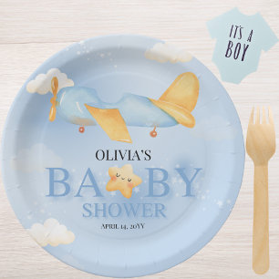 Aeroplane,Clouds & Stars, Blue, Baby Boy,Cute Paper Plate