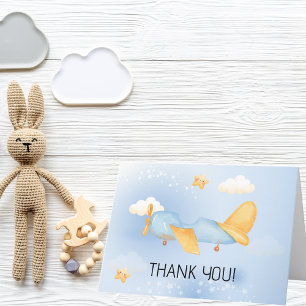 Aeroplane,Clouds & Stars, Blue, Baby Boy,Cute  Thank You Card
