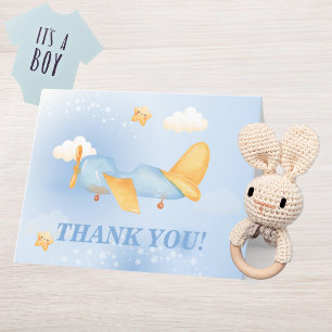 Aeroplane,Clouds & Stars, Blue, Baby Boy,Cute  Thank You Card