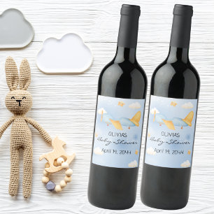 Aeroplane,Clouds & Stars, Blue, Baby Boy,Cute Wine Label