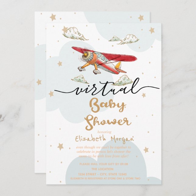 Aeroplane,Clouds Stars Virtual Baby Shower Invitation (Front/Back)