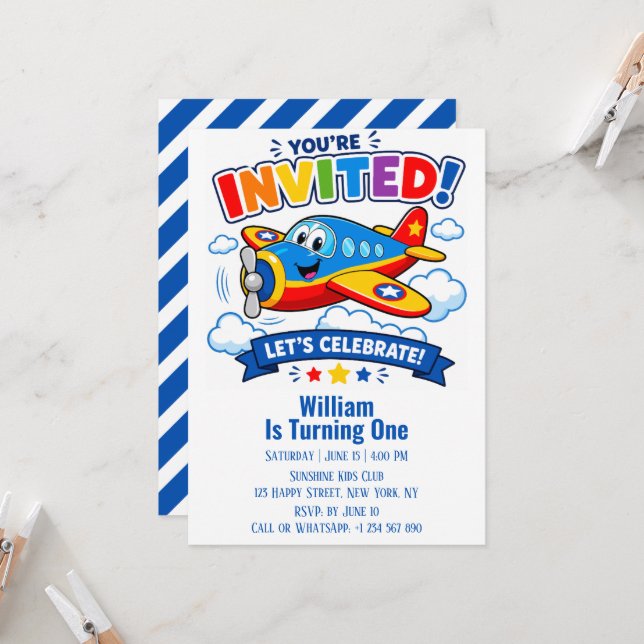Aeroplane Cute Pilot Plane Party Boy 1st Birthday  Invitation (Front/Back In Situ)