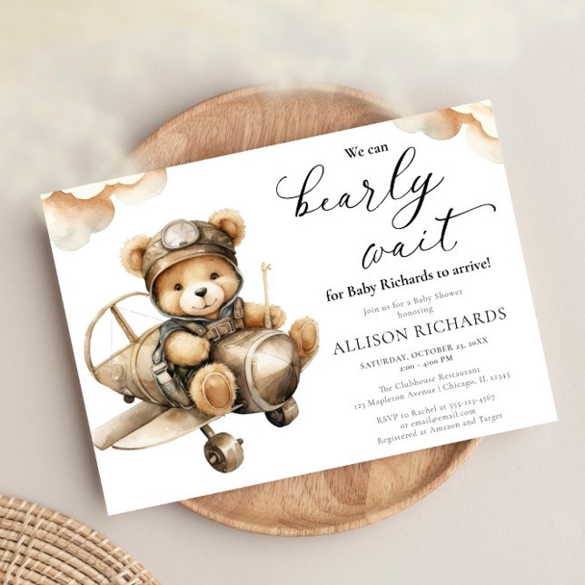 Aeroplane cute teddy bear boy baby shower invitation (Creator Uploaded)