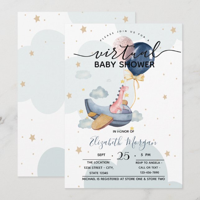 Aeroplane Dino Balloons Baby Shower  Invitation (Front/Back)