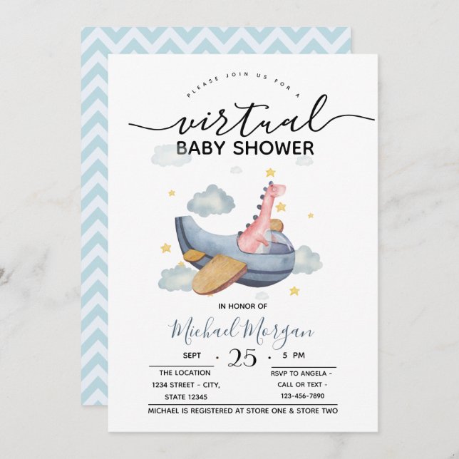 Aeroplane Dino  Zigzag Virtual Baby Shower Invitation (Front/Back)