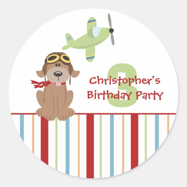 Aeroplane dog pilot boy's birthday party stickers (Front)