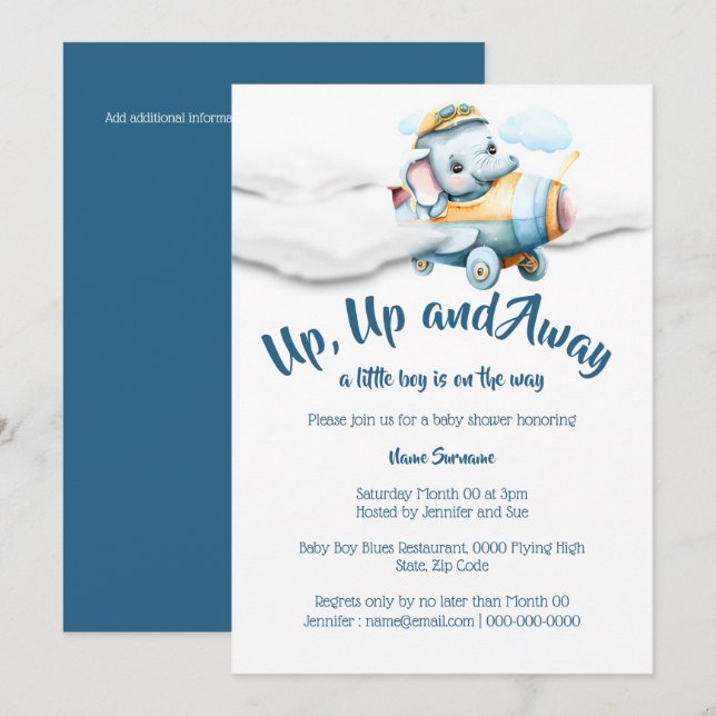 Aeroplane elephant baby shower boys blue safari  invitation (Front/Back)