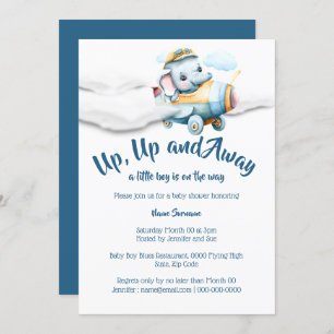 Aeroplane elephant baby shower boys blue safari invitation