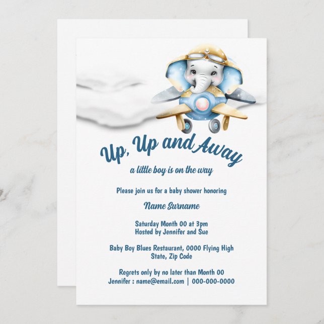 Aeroplane elephant baby shower boys pilot plane invitation (Front/Back)