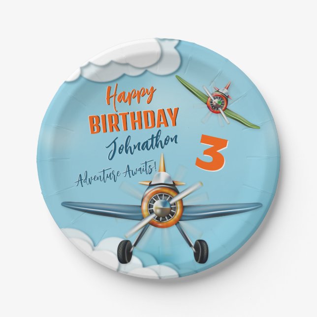 Aeroplane Fighter Pilot Boy Birthday Paper Plate (Front)