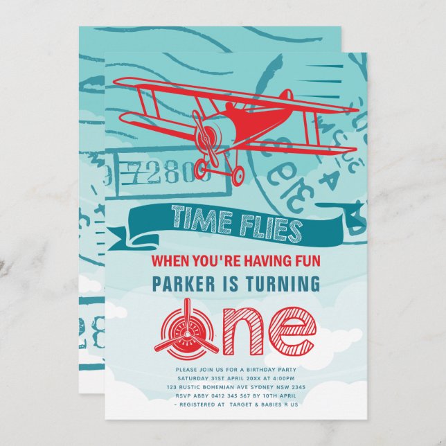 Aeroplane First Birthday Party Invitation (Front/Back)