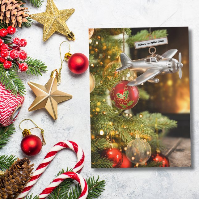 Aeroplane First Christmas Baby Photo Modern Custom Card (Creator Uploaded)