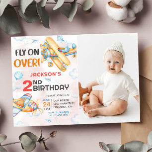 Aeroplane Fly On Over 2nd Birthday Party Photo Invitation