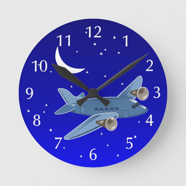 Aeroplane flying at night with moon & stars. Pilot Round Clock (Front)