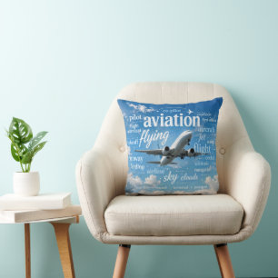 Aeroplane Flying in a Word Cloud Cushion