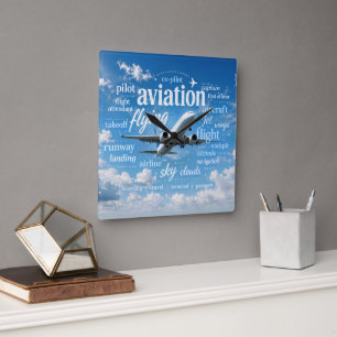 Aeroplane Flying in a Word Cloud Square Wall Clock