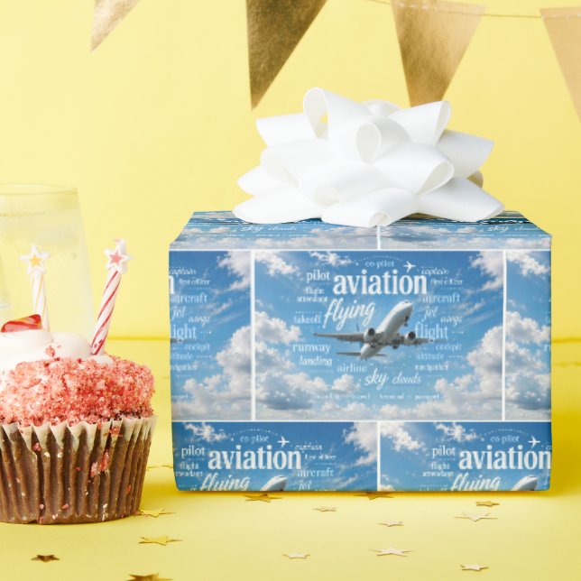 Aeroplane Flying in a Word Cloud Wrapping Paper (Birthday Party)