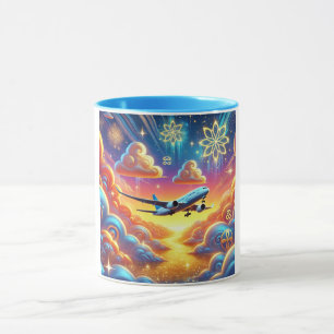 Aeroplane Flying Through Colourful Sky Mug