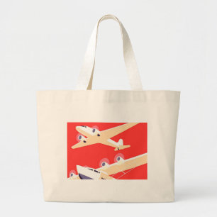 Aeroplane Flying Vintage WPA Colourful Large Tote Bag