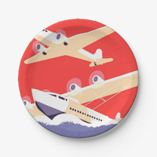 Aeroplane Flying Vintage WPA Colourful Paper Plate