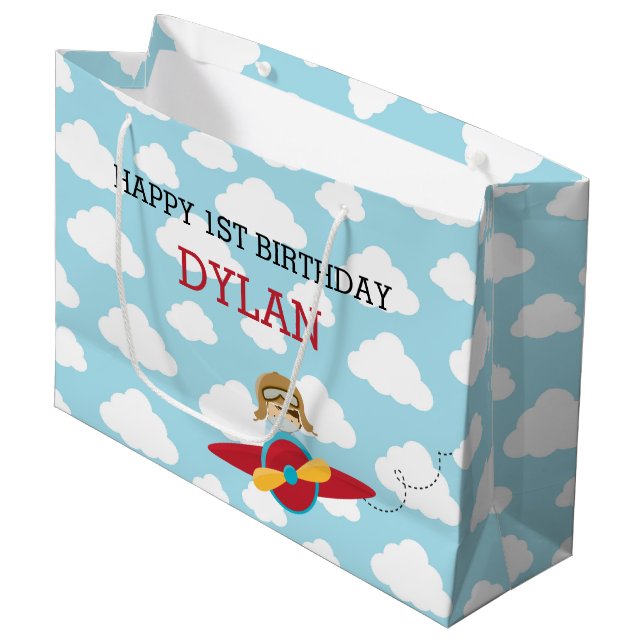 Aeroplane Gift Bags - Cute Pilot in Red Plane Clou (Front Angled)