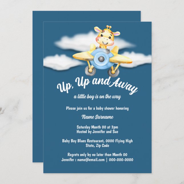 Aeroplane giraffe baby shower blue pilot plane invitation (Front/Back)