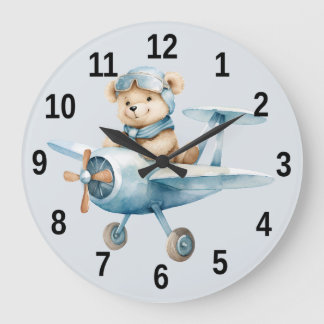 Aeroplane Happy Blue Bear Pilot Large Clock