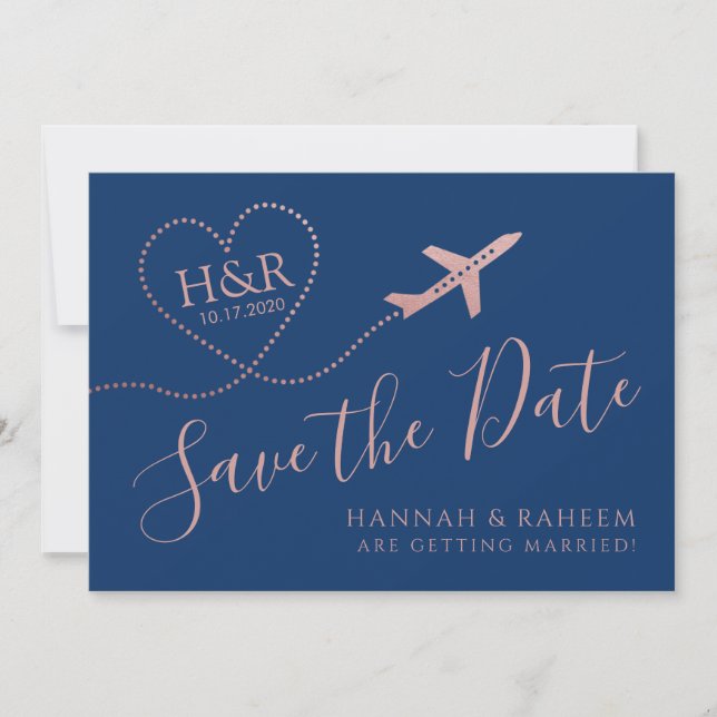 Aeroplane Heart Rose Gold and Navy Blue Destinatio Save The Date (Front)