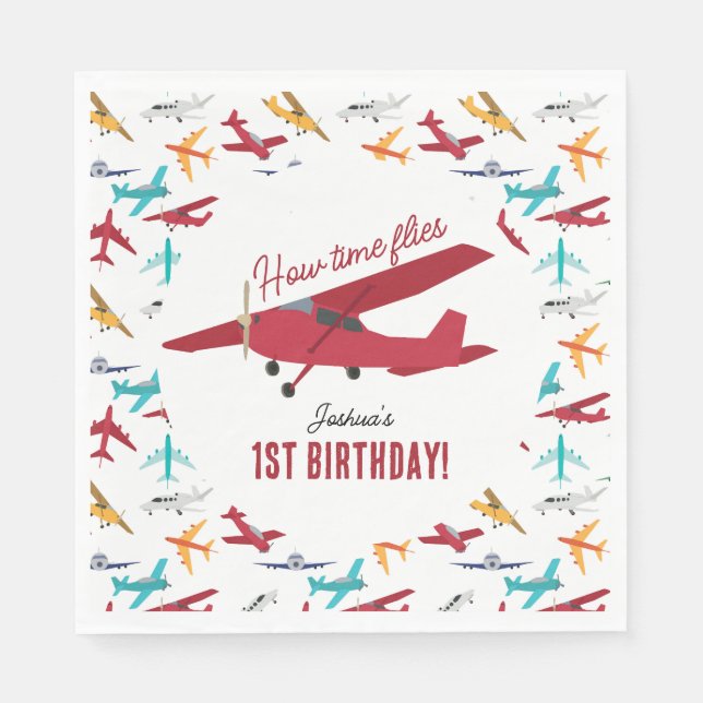Aeroplane Kids 1st Birthday Party Time Flies Napkin (Front)