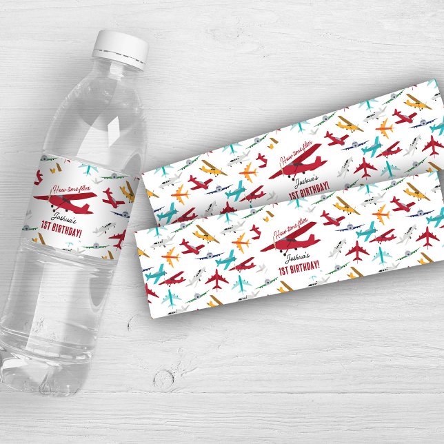 Aeroplane Kids 1st Birthday Party Time Flies Water Bottle Label (Airplane Kids 1st Birthday Party Time Flies Water Bottle Label)