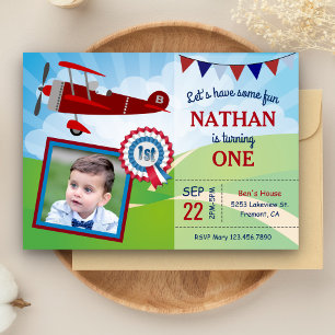 Aeroplane Kids Photo 1st Birthday Party Invitation