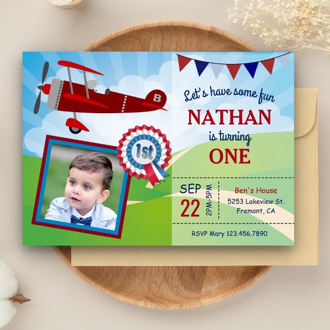 Aeroplane Kids Photo 1st Birthday Party Invitation (Creator Uploaded)