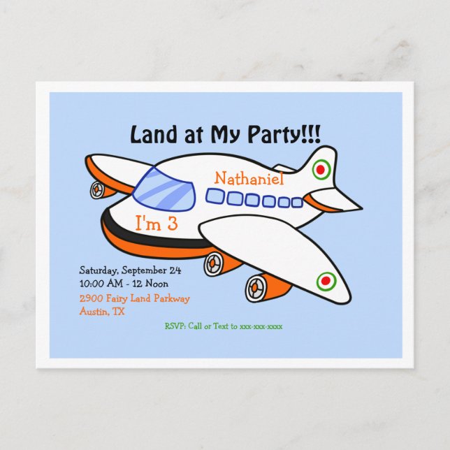 Aeroplane Land at My Birthday Blue II Party Invitation Postcard (Front)