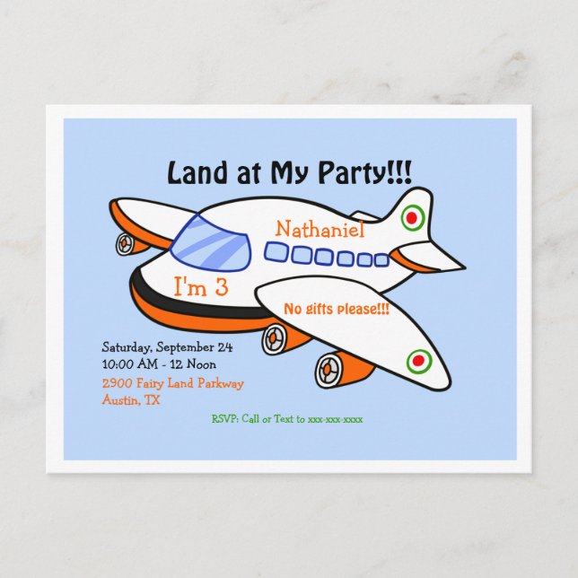 Aeroplane Land at My Birthday Blue Party Invitatio Invitation Postcard (Front)