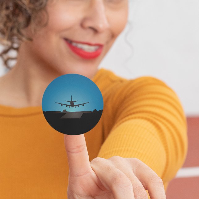 Aeroplane Landing Silhouette at Night  Classic Round Sticker (Creator Uploaded)