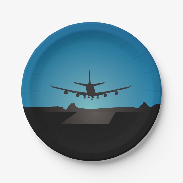 Aeroplane Landing Silhouette at Night  Paper Plate (Front)