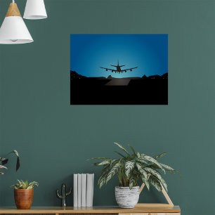 Aeroplane Landing Silhouette at Night Poster